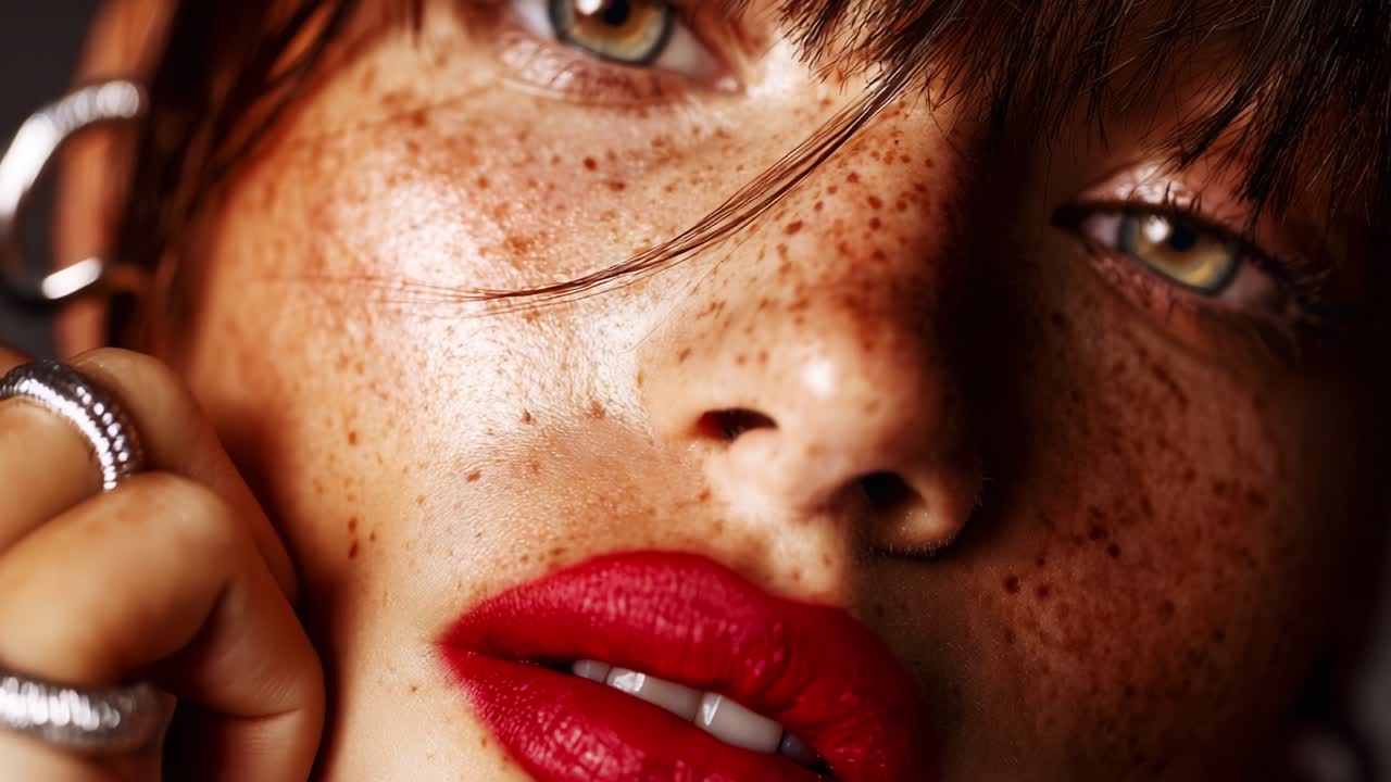 Close-Up Portrait of an Elegant Woman with Freckles and Bold Red Lips, Highlighting Unique Facial Features and Captivating Expressions in a Dramatic Lighting Setting