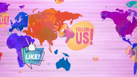 animación de iconos de las redes sociales sobre el mapa del mundo