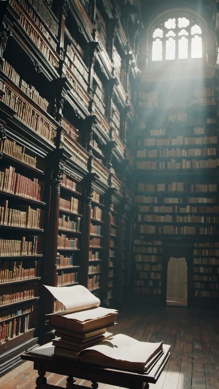 Aerial view of a grand library with towering bookshelves and sunlight streaming through a window