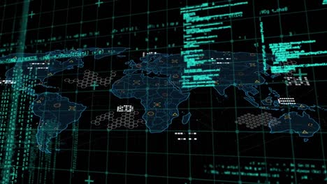 animación del procesamiento de datos a través de la red de red contra el mapa del mundo en fondo negro.