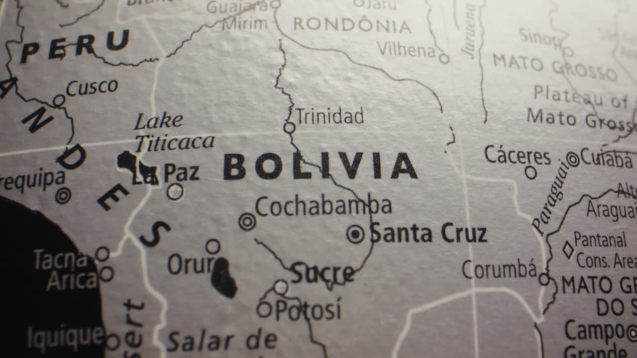 Close-up of Bolivia on a map or globe