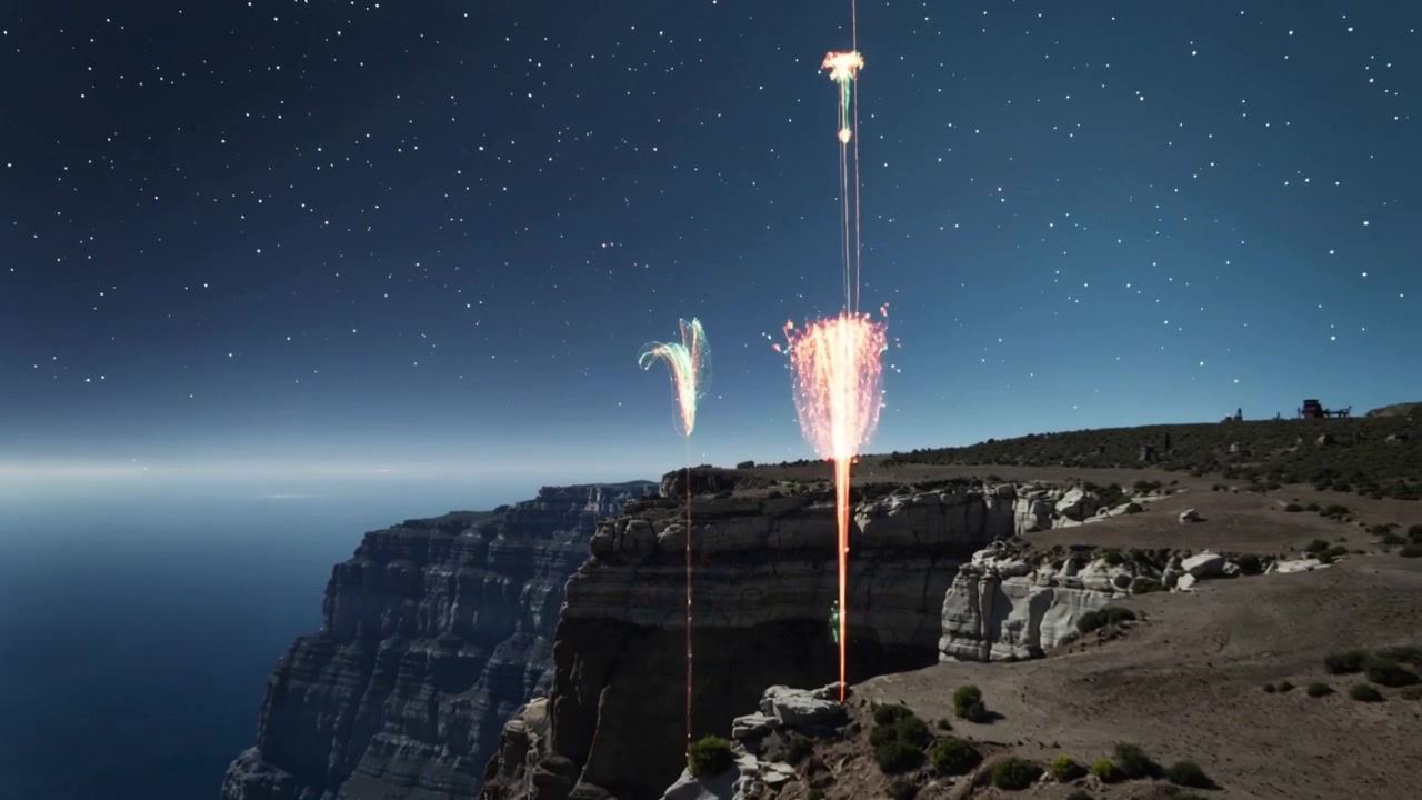 Scia arancione che sale, generando un pennacchio vivido sul bordo di una scogliera sotto le stelle, con razzi sull'altopiano che formano un'esplosione