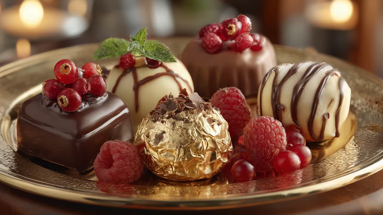 An Exquisite Display of Artisanal Chocolates and Fresh Berries on a Decorative Plate, Perfect for Indulgence and Celebration in an Elegant Setting