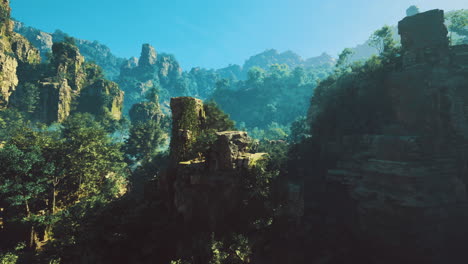 exploring ancient ruins surrounded by dense forest in bright sunlight