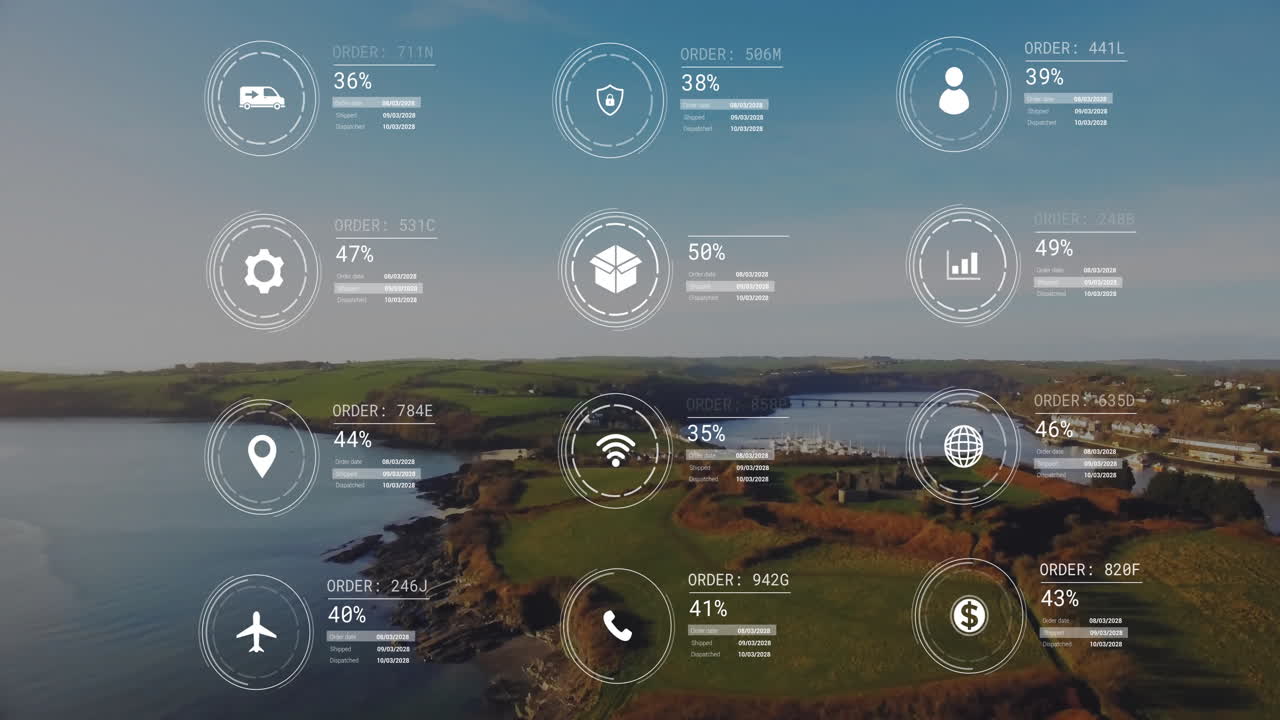 animación del procesamiento de datos con íconos sobre el paisaje costero