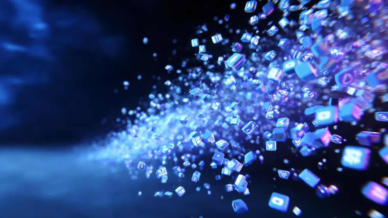 A Visual Explosion of Digital Icons: A Stunning Representation of Social Media Elements and Connectivity in a Dynamic, Colorful Stream of Light Emphasizing the Evolving Nature of Communication and Technology