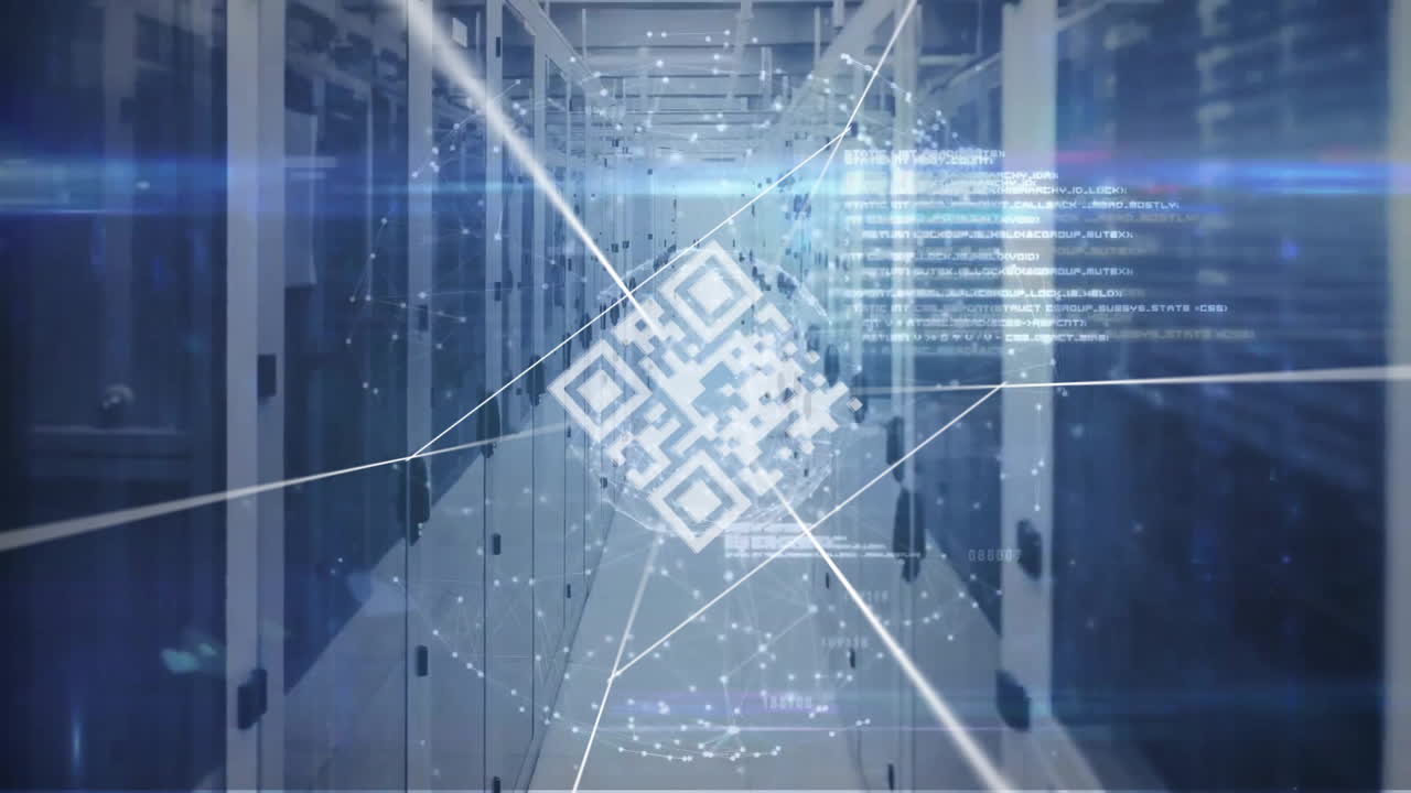 컴퓨터 서버를 통해 아이콘을 가진 qr 코드 및 연결 네트워크의 애니메이션