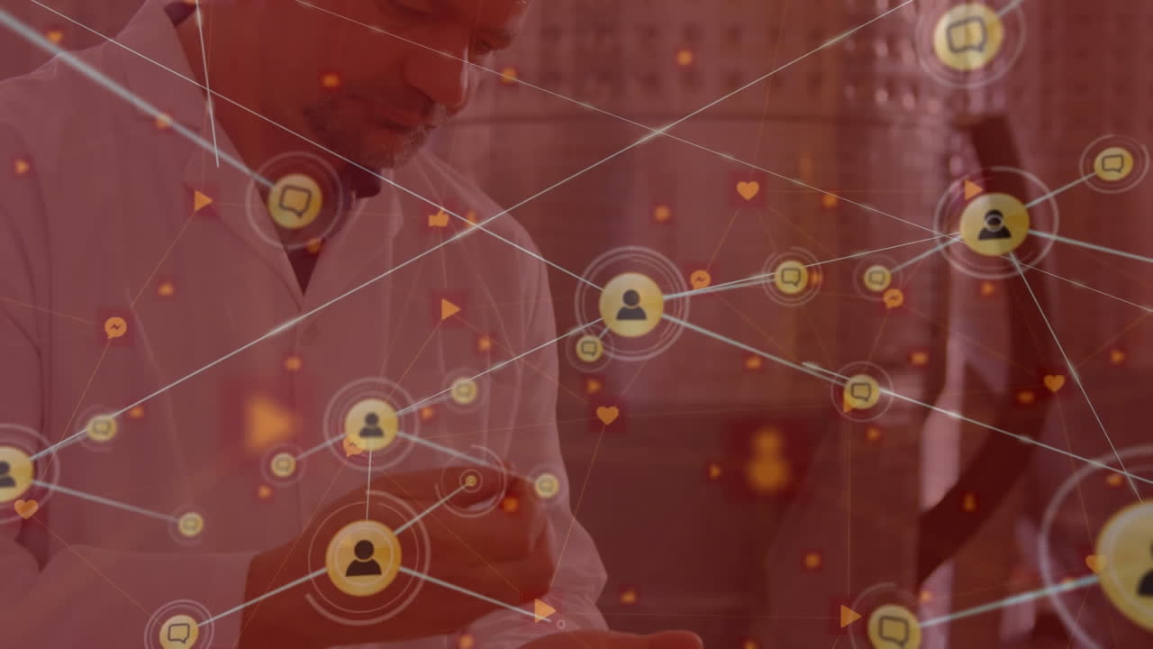 연구실에서 백인 남성 과학자에 대한 연결 네트워크의 애니메이션