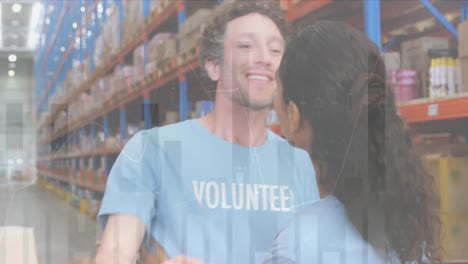 Statistical-data-processing-over-diverse-male-and-female-volunteers-hugging-each-other-at-warehouse