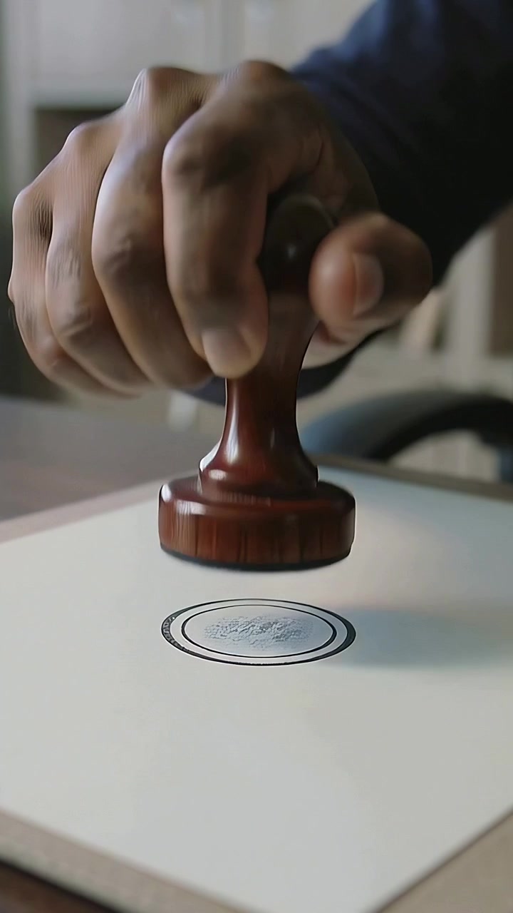 Video verticale: Mano destra con manica blu che afferra un timbro in legno e timbra un blocco per appunti su una scrivania