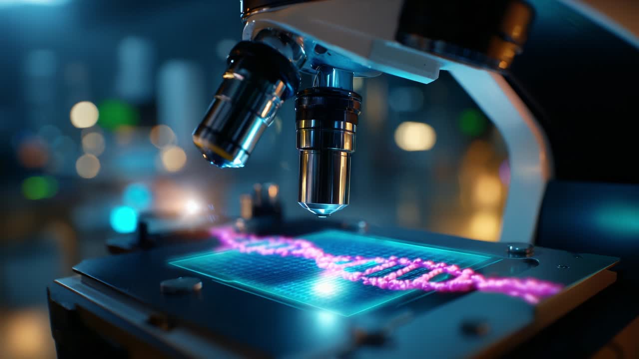 Advanced Technology in Action: A Close-Up View of a Modern Microscope Analyzing a DNA Strand with Precision, Highlighting the Intricacies of Genetic Research and Scientific Discovery