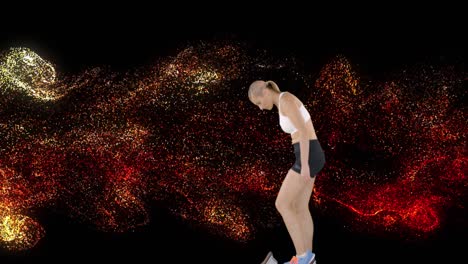 animation of glowing red particles and female runner getting onto starting blocks