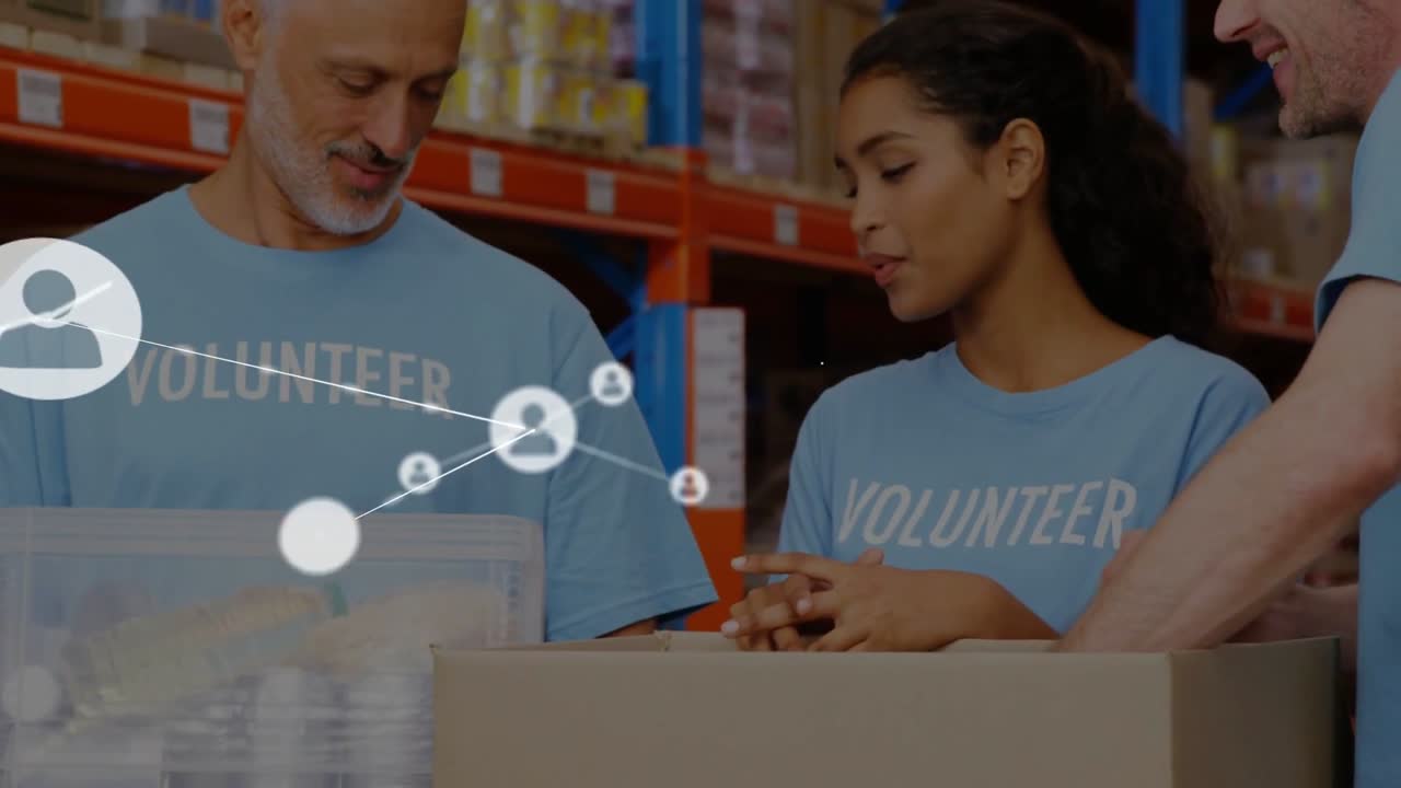 Three volunteers lifting bin and packing cans into labeled box, white node network obscuring group
