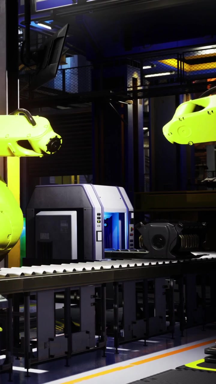 Robots innovadores trabajan juntos en una instalación de fabricación futurista.
