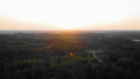 amazing cinematic 4k sunset residential drone footage after deforestation issue consists of homes, road, trees, lake and infrastructure in the middle of tropical forest located in riau, indonesia