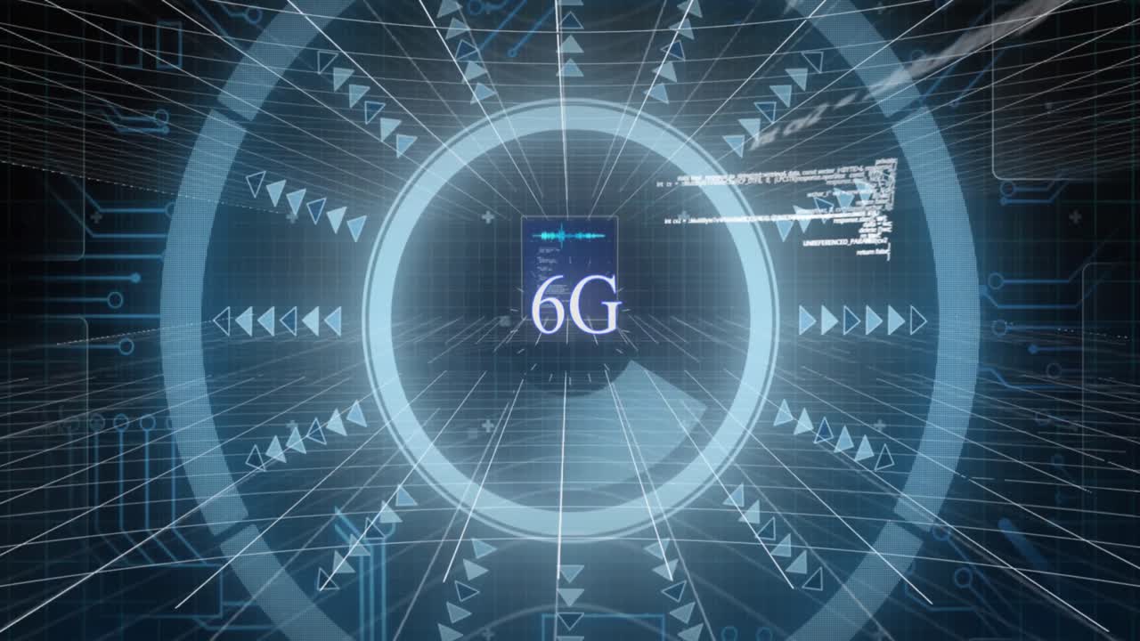 animación de texto de 6g con interfaz brillante e información que se mueve sobre un fondo negro