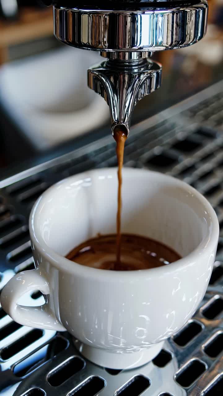 Close-up of espresso machine pouring coffee into a white cup