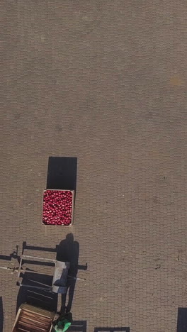harvest of apples, small loaders, forklift trucks, machines load, put large wooden boxes full of apples on top of each other. top view, aero video. vertical video
