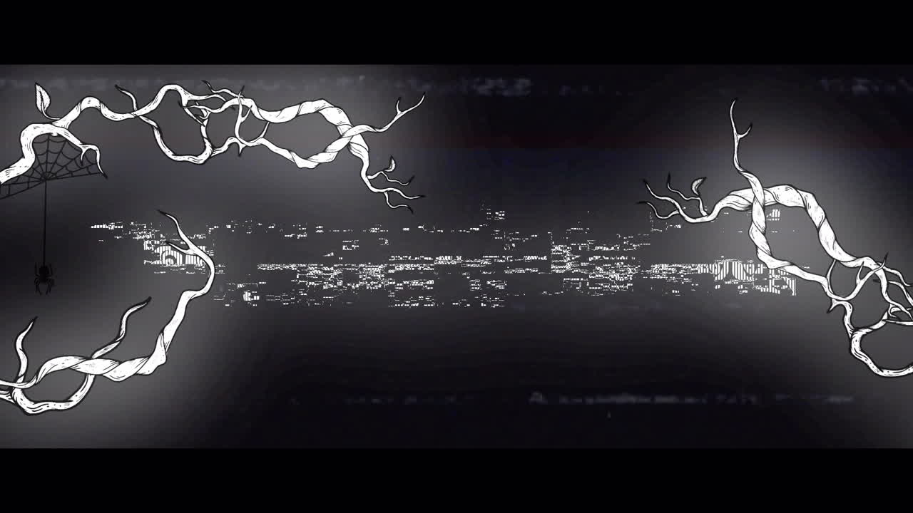 검은색 배경에 할로윈 텍스트와 가지의 애니메이션