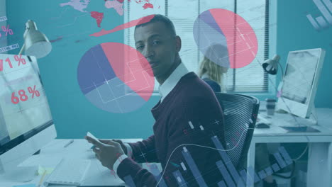 animation of financial data processing over african american businessman in office
