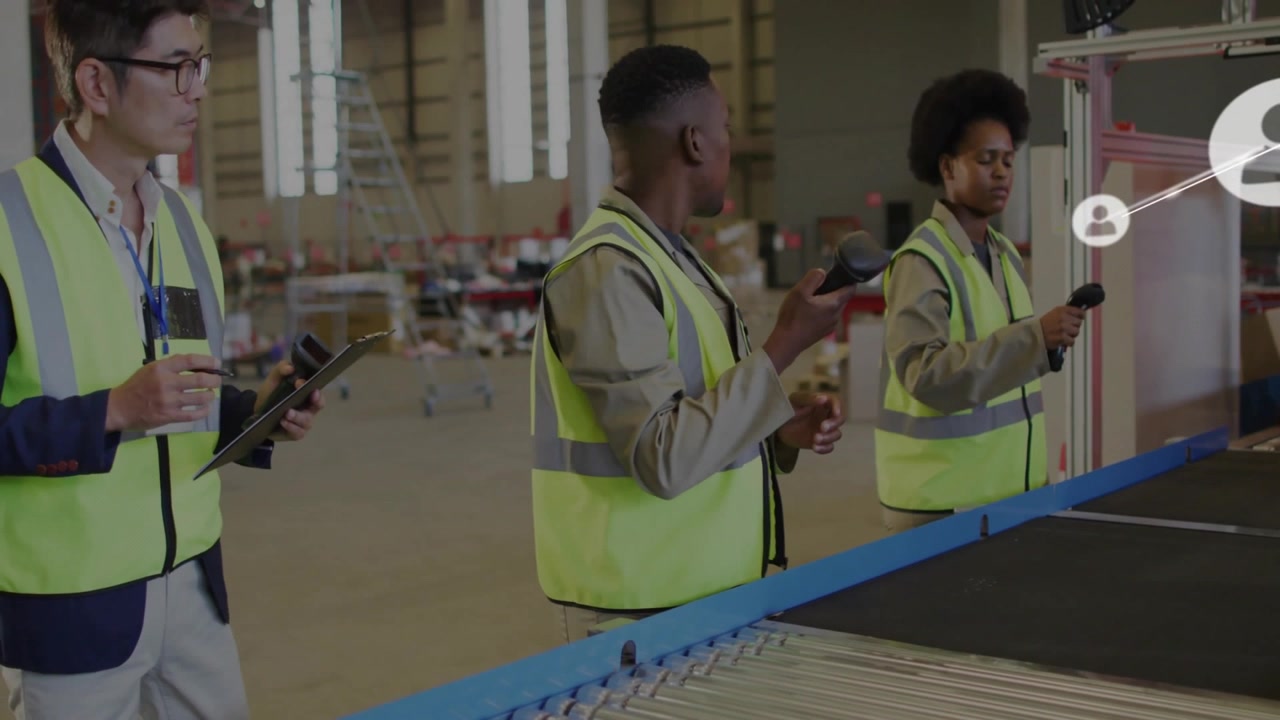 Three warehouse workers scanning packages and displaying data network overlay for logistics