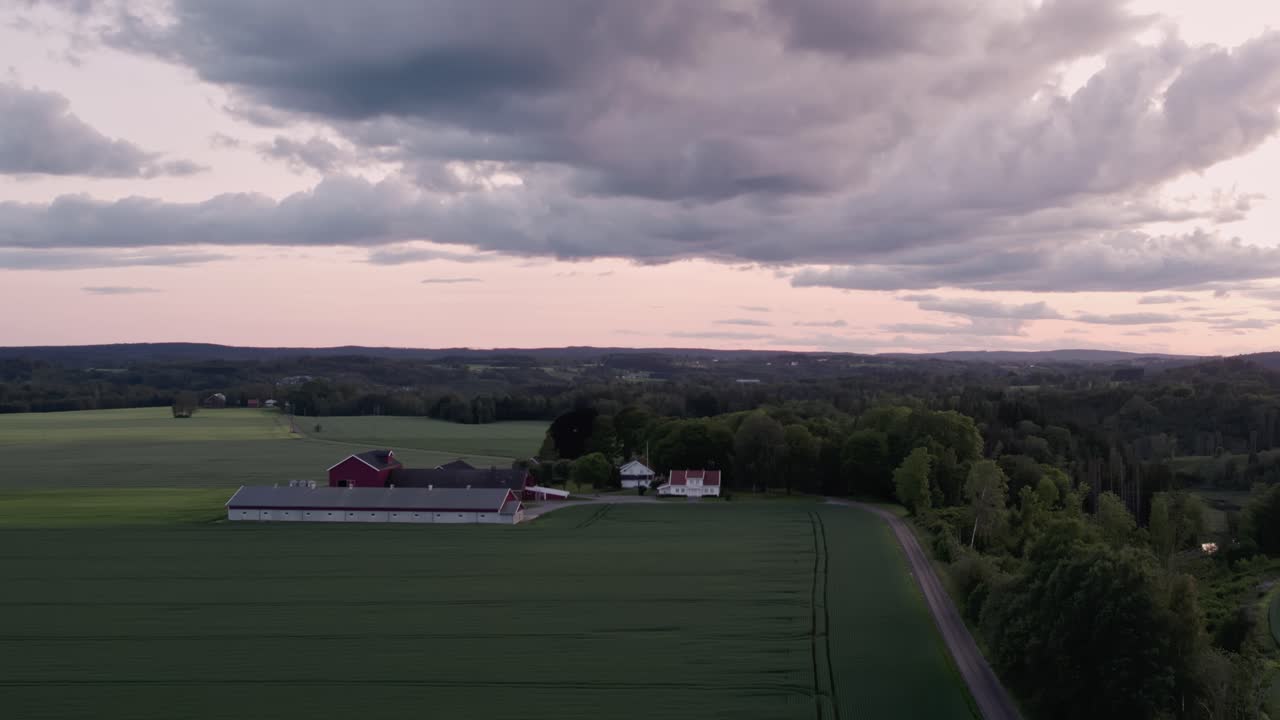 Green Fields and Houses in the Oslo Countryside, Aerial View