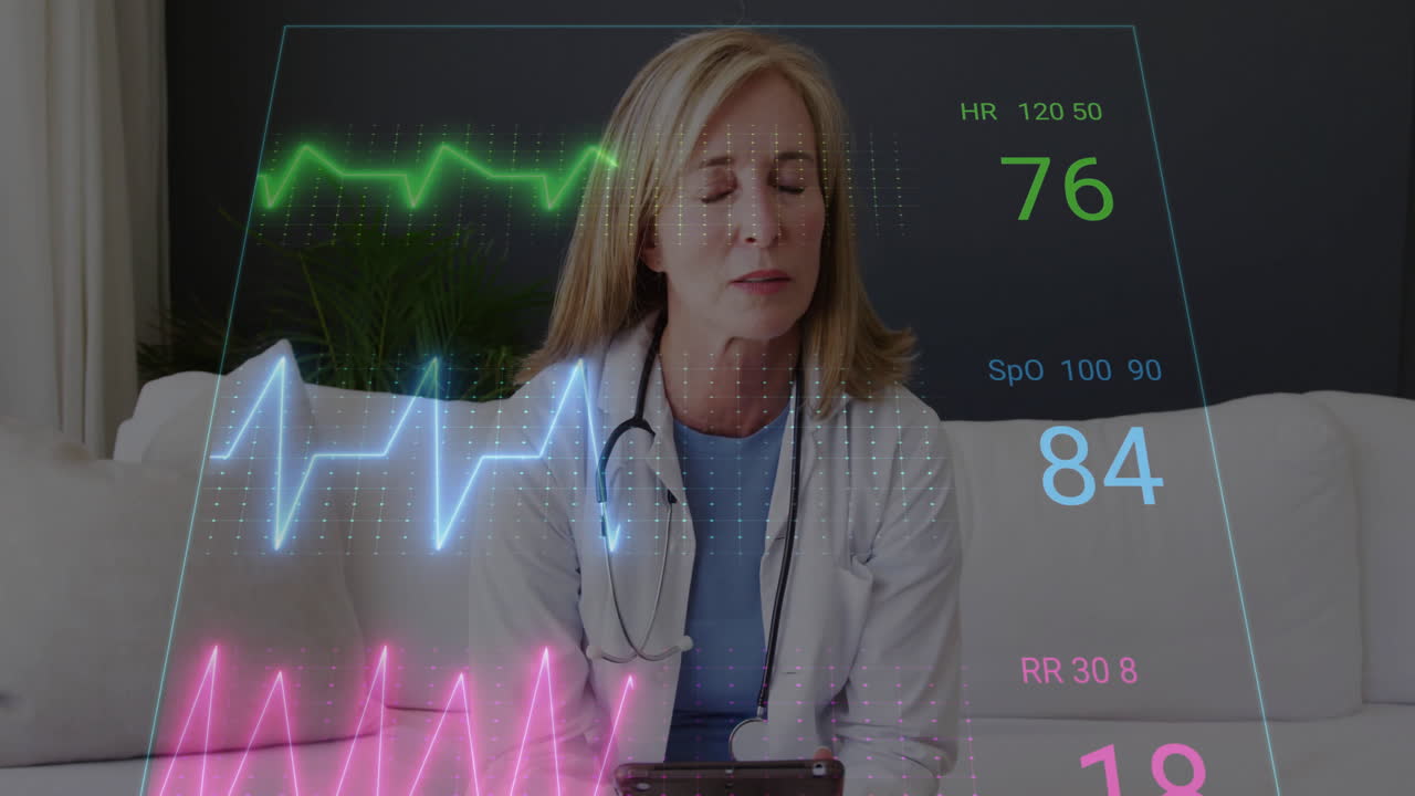 animación del procesamiento de datos médicos sobre una doctora caucásica