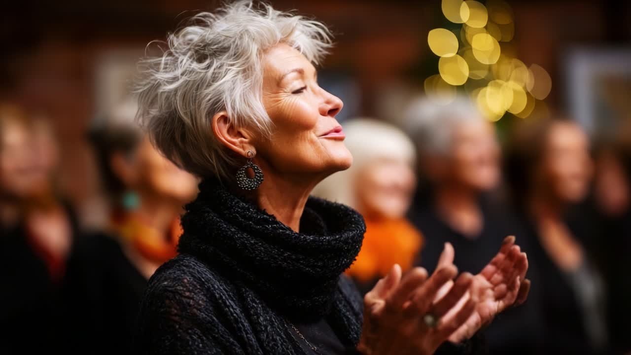 A woman with short, stylish gray hair, dressed in black, smiles joyfully while clapping her hands in admiration at a festive gathering, surrounded by a crowd of similarly cheerful individuals