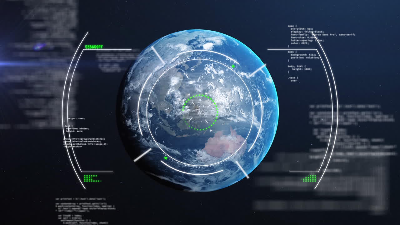 Animation of data processing and scope scanning over globe on blue background