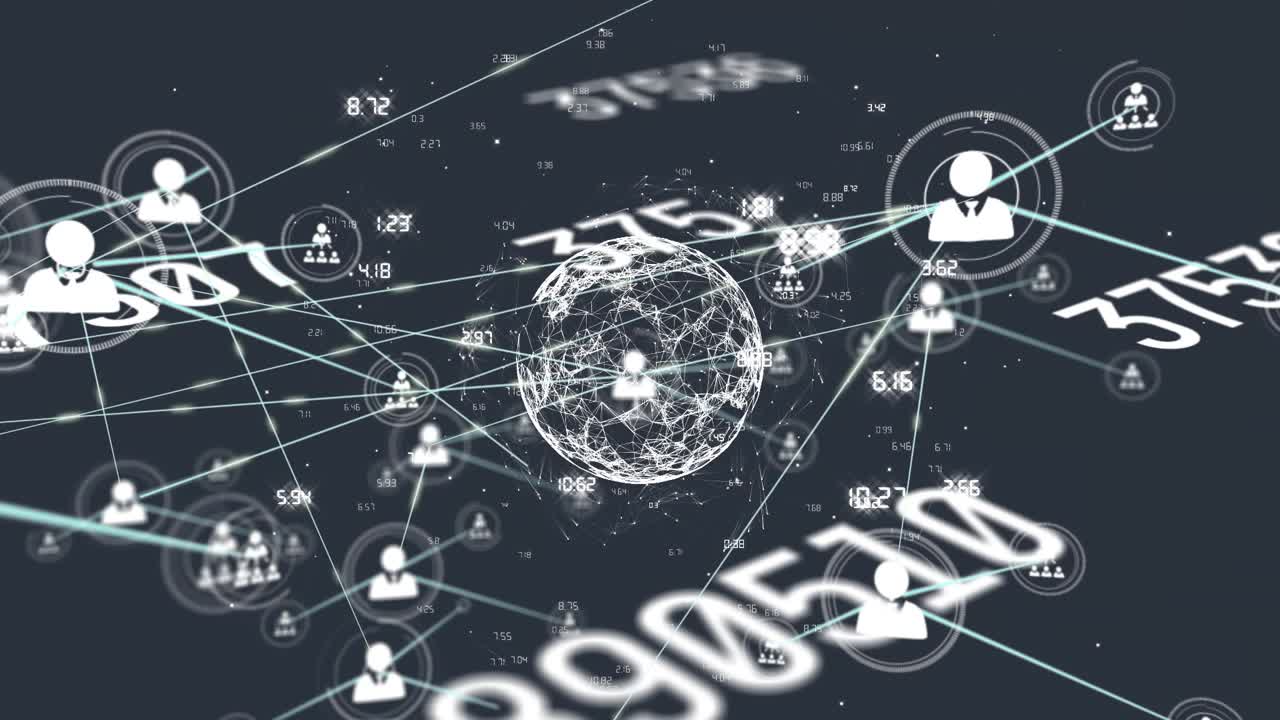 Animation of network of profile icons and changing numbers over globe of network of connections