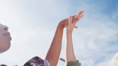 midsection of diverse female gay couple raising and holding hands