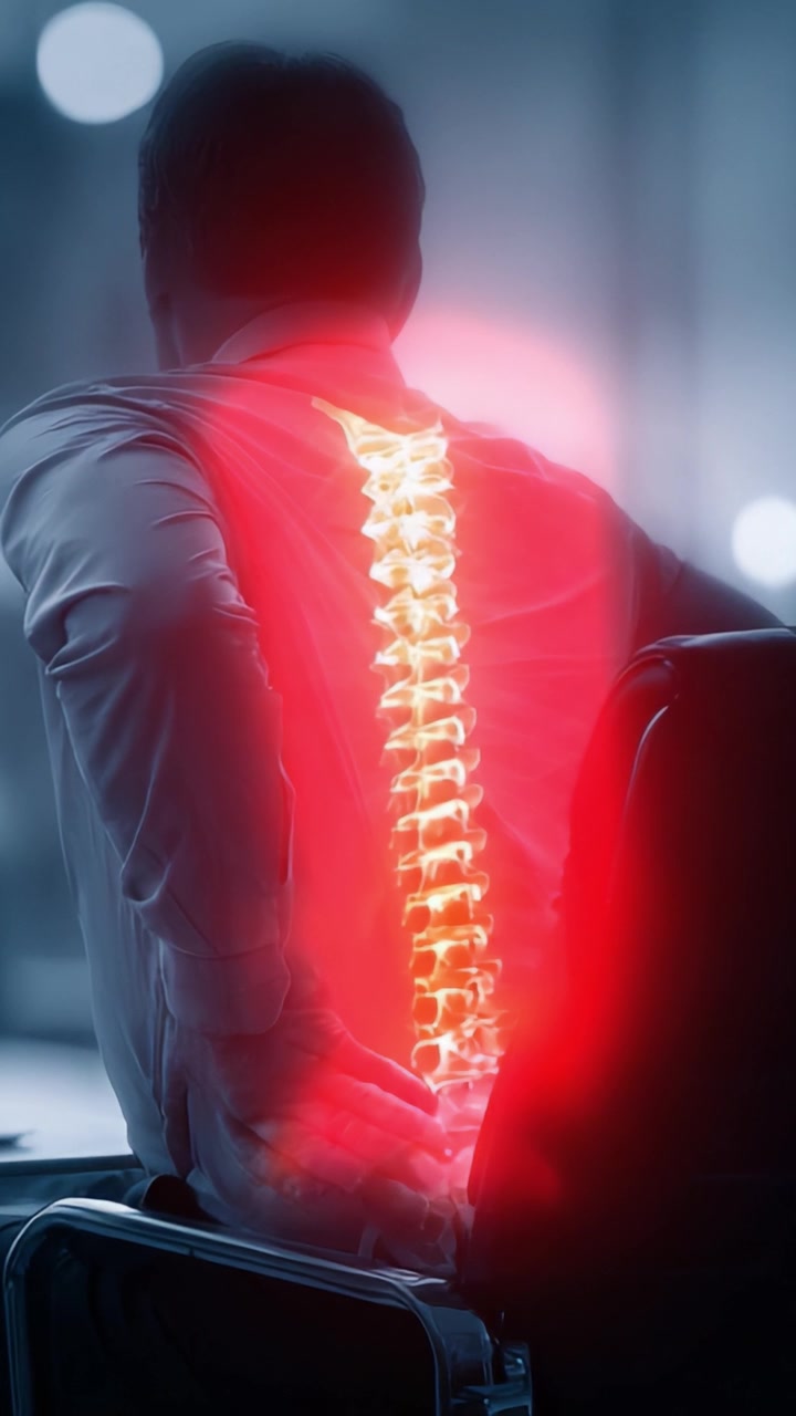 Visual Representation of Back Pain: A Man in an Office Experiencing Lumbar Discomfort and Spinal Stress in Two Illustrative Frames