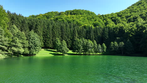 aerial shot of a lake with emerald green water