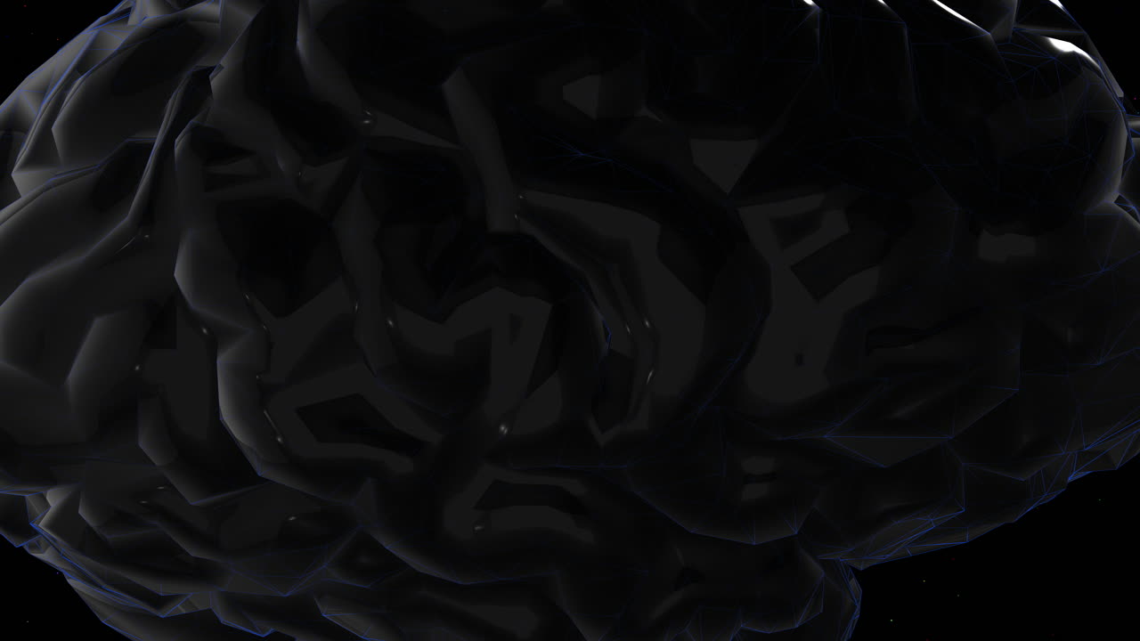 Abstract Floating Brain in Space Glowing Tinted Blue with Stylised Multi Colored Stars in Background as Organ Spins Closer to Camera