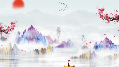 Daytime-ancient-traditional-Chinese-Japanese-landscape-ink-Painting-of-beautiful-calm-trees,-mountains,-China-style-concept-petal-plum-blossom-animation-material-background