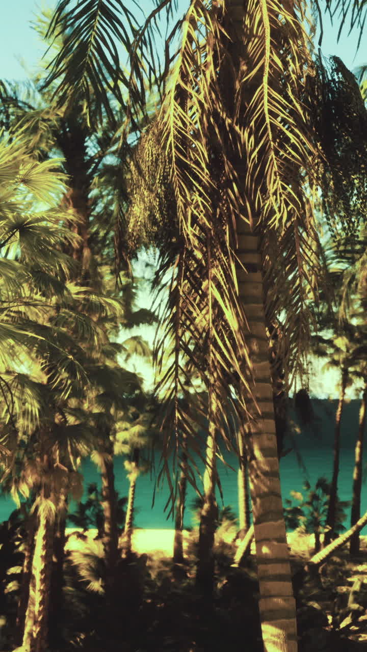 Lush tropical landscape showcasing palm trees and serene waters near a beach