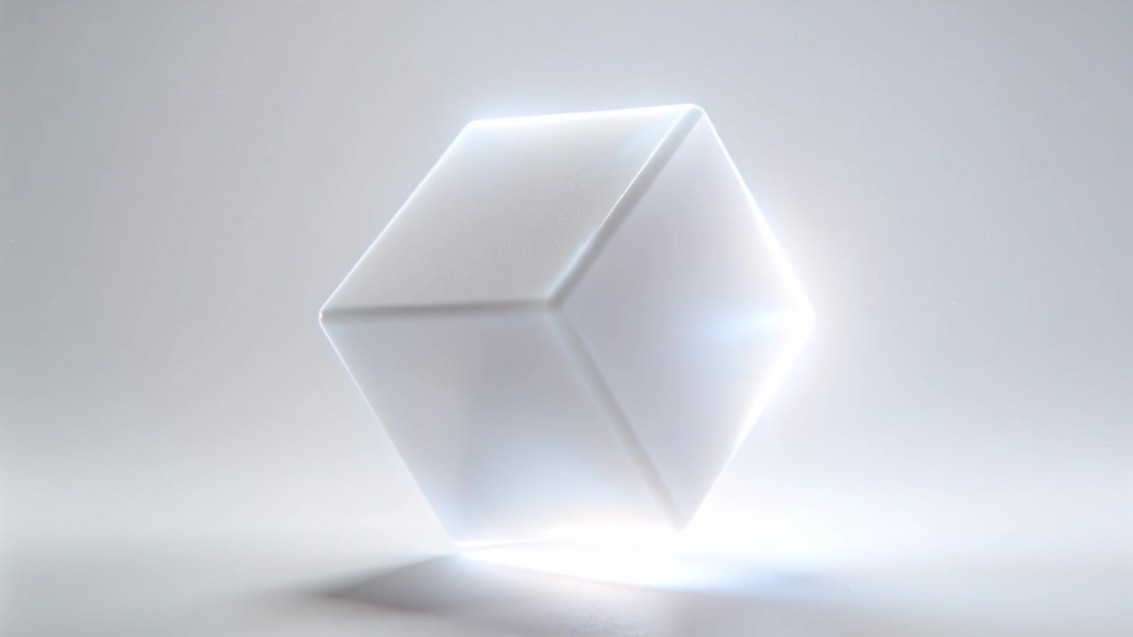 Hovering white cube starting to tilt, rotating and showing glowing rim in studio, revealing faces