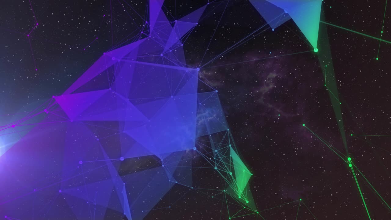 Emerging neon triangles drifting to nebula connecting pulsing visualizing network then dispersing