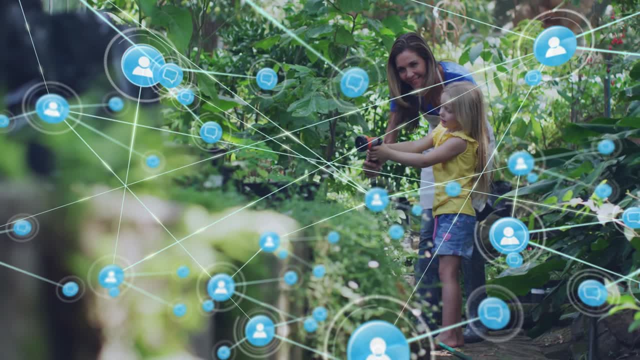 Donna che guida la figlia a stringere l'ugello e annaffiare le piante, generando una rete di icone utente per la tecnologia.
