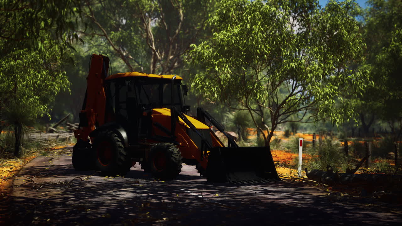 덤불 숲 에 있는 발굴기 트랙터