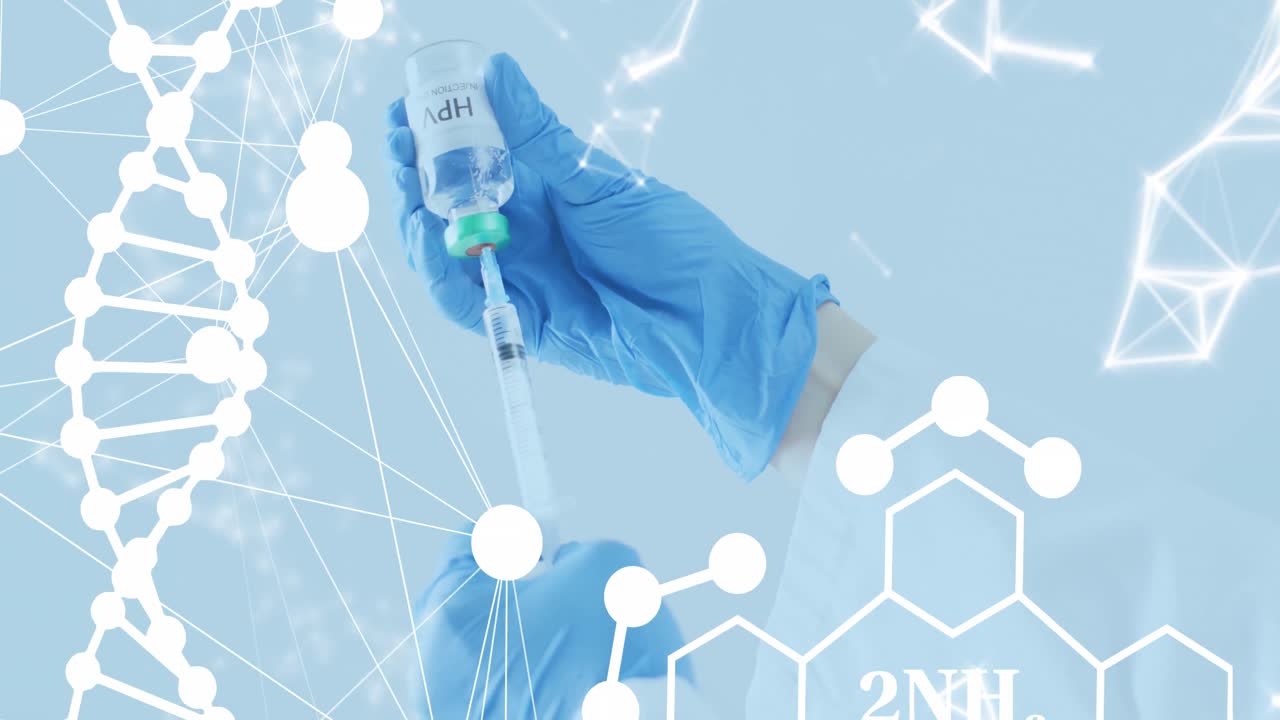 hpv 백신을 가진 백인 남성 의사의 중간 부분에 대한 dna 줄무 다이어그램의 애니메이션