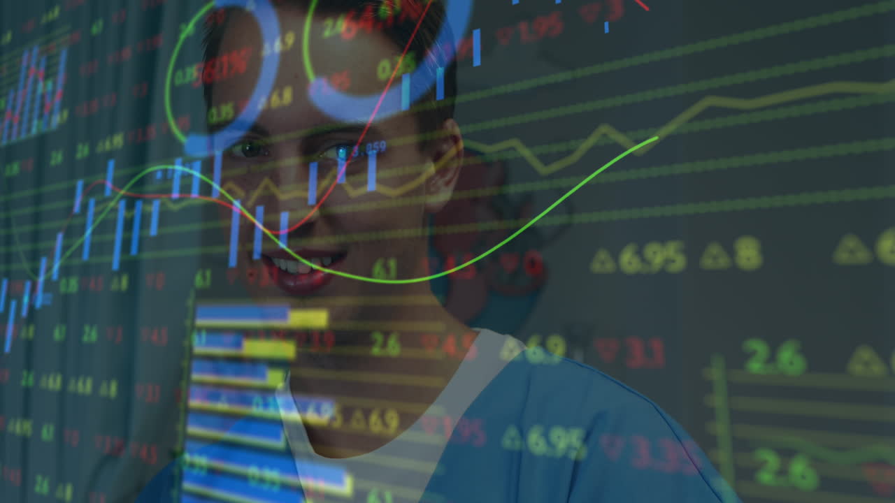 Animation of financial data processing over smiling caucasian male doctor