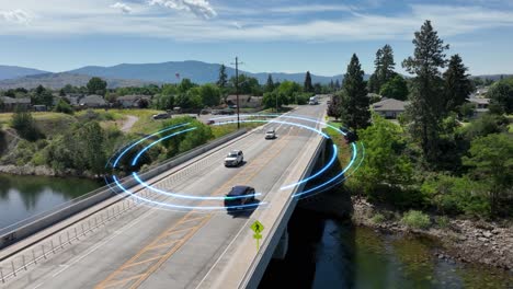 an autonomous car passing over a bridge using its sensors to avoid obstacles