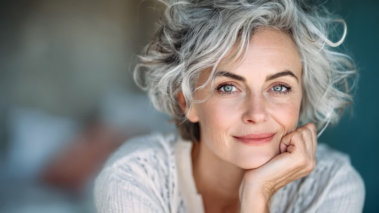 A Warm and Inviting Portrait of a Mature Woman with Beautiful Silver Hair, Capturing Confidence and Grace with a Gentle Smile and Sparkling Blue Eyes