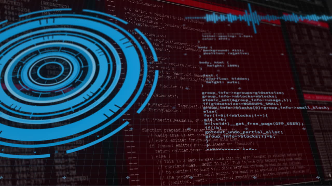 Animation of futuristic digital interface with circular patterns over computer code
