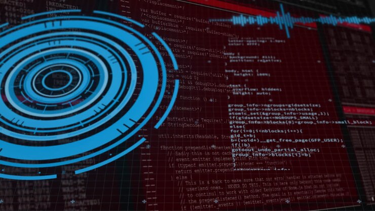 Animation of futuristic digital interface with circular patterns over computer code
