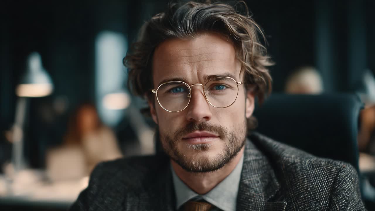 Confident Professional in an Office Environment: A Close-Up of a Thoughtful Man with Stylish Glasses and a Confident Gaze, Surrounded by a Softly Blurred Background