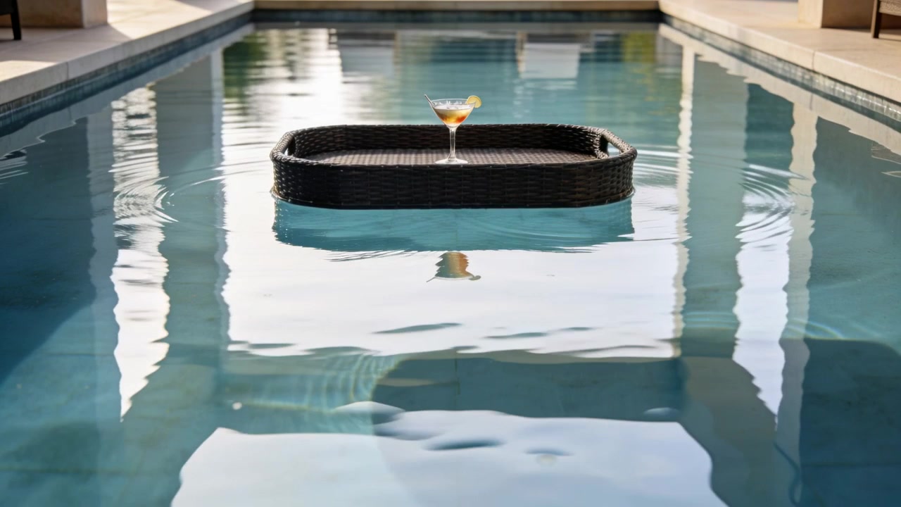 Increspature sul bordo destro fanno ondeggiare e inclinare un vassoio intrecciato in una piscina coperta, con un bicchiere a stelo.