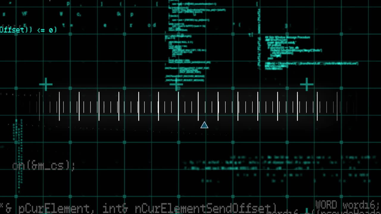 텍스트 요소와 함께 그리드 배경 위에 프로그래밍 코드 및 데이터 처리 애니메이션