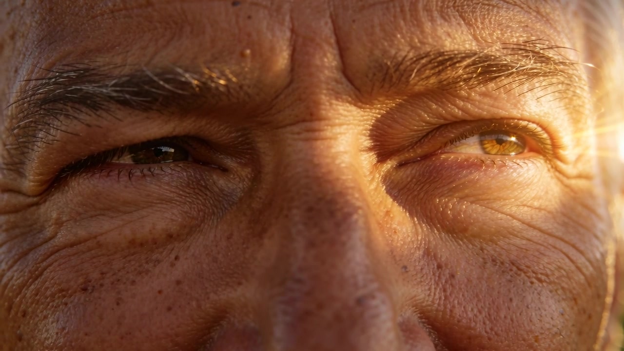 Anziano uomo ispanico che strizza gli occhi seguendo la calda luce del sole sul viso all'ora d'oro, bloccando il bagliore solare